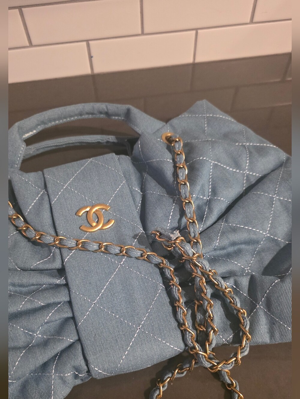Light Blue Denim Quilted Shoulder Bag with Gold-Tone Chain - Picture 6 of 9